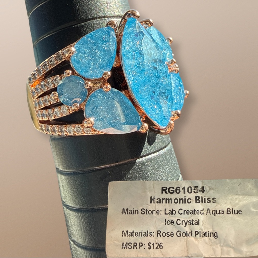 Bomb party OG harmonic Bliss aqua blue ice crystal on rose gold sz 7